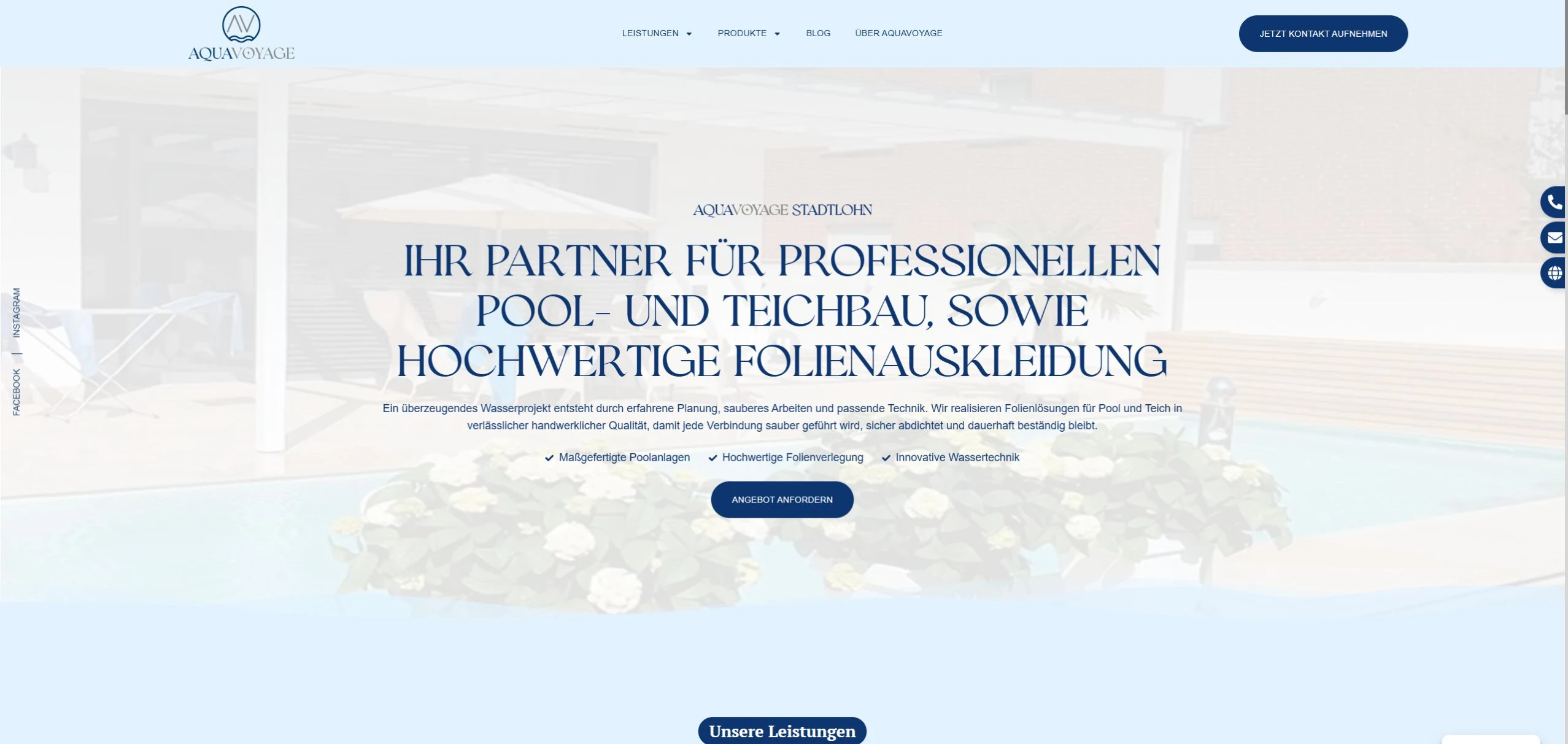Websiteansicht von AquaVoyage mit Informationen zu Pool- und Teichbau