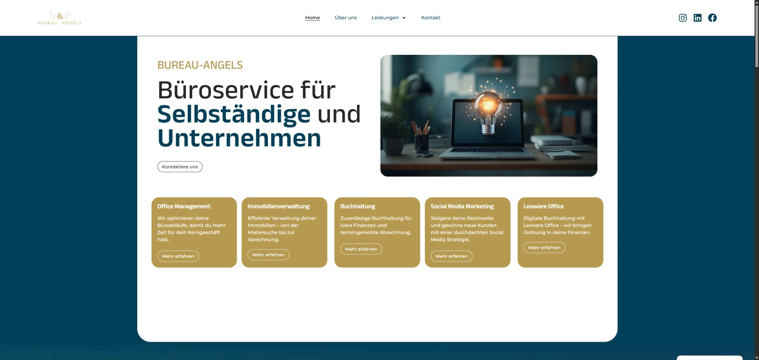 Website von Bureau Angels mit Büroservice und Leistungen für Unternehmen