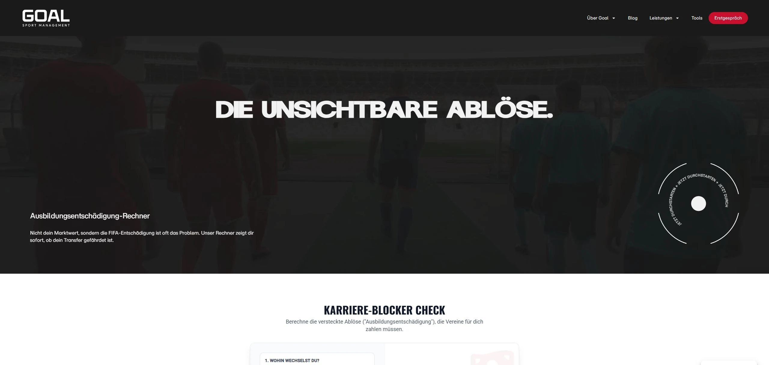 Toolseite von GOAL Sportmanagement zur Ausbildungsentschädigung