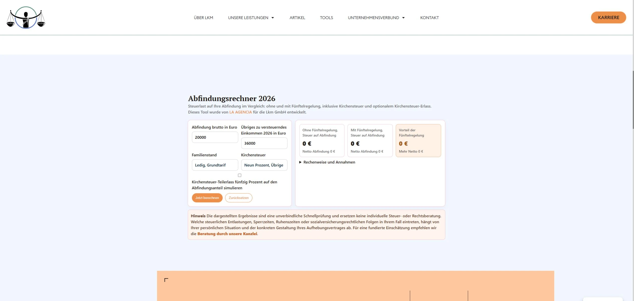 Abfindungsrechner von LKM LawTax mit Eingaben und Ergebnisbereichen