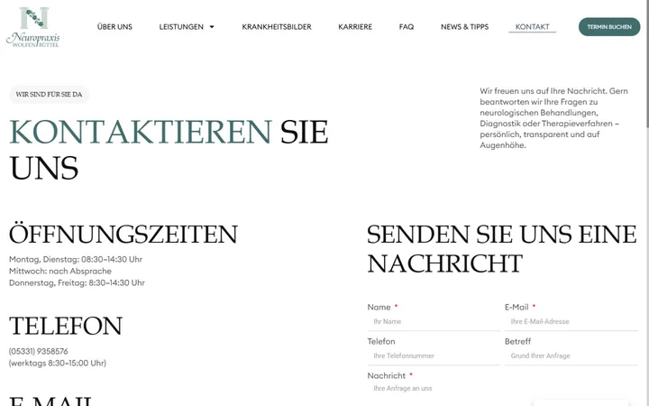 Aktuelle Kontaktseite der Neuropraxis mit Telefon und leerem Kontaktformular