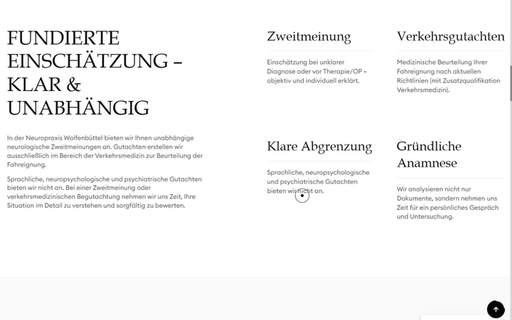 Aktuelle Leistungsseite mit klarer Abgrenzung der angebotenen Gutachten