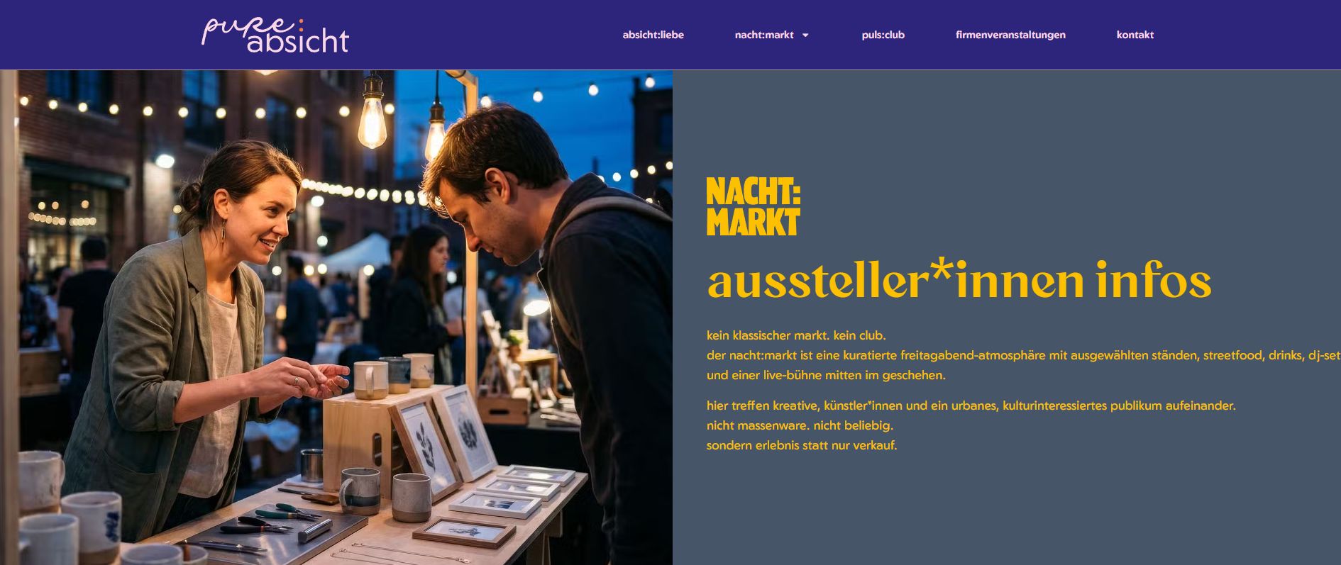 Öffentliche Ausstellerseite des nacht:markts von pure:absicht mit Marktmotiv und Veranstaltungsinformationen