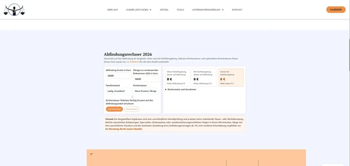 Abfindungsrechner von LKM LawTax mit Eingaben und Ergebnisbereichen