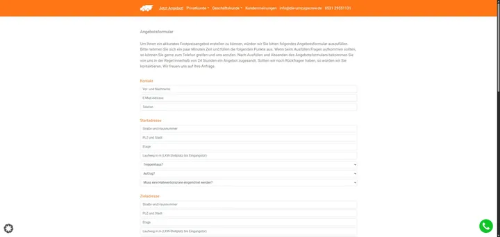 Leeres Anfrageformular der Umzugscrew für ein Umzugsangebot