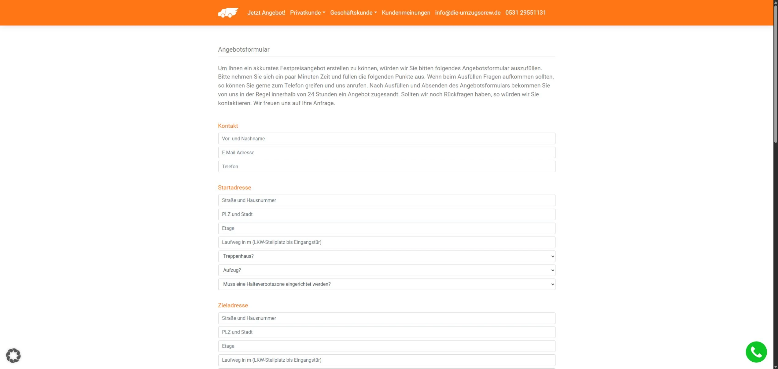 Leeres Anfrageformular der Umzugscrew für ein Umzugsangebot