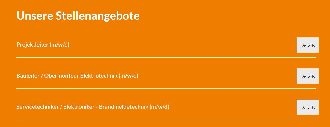 Ausschnitt der öffentlichen Witt-Elektro-Karriereseite mit Stellenangeboten und Links zu den jeweiligen Details