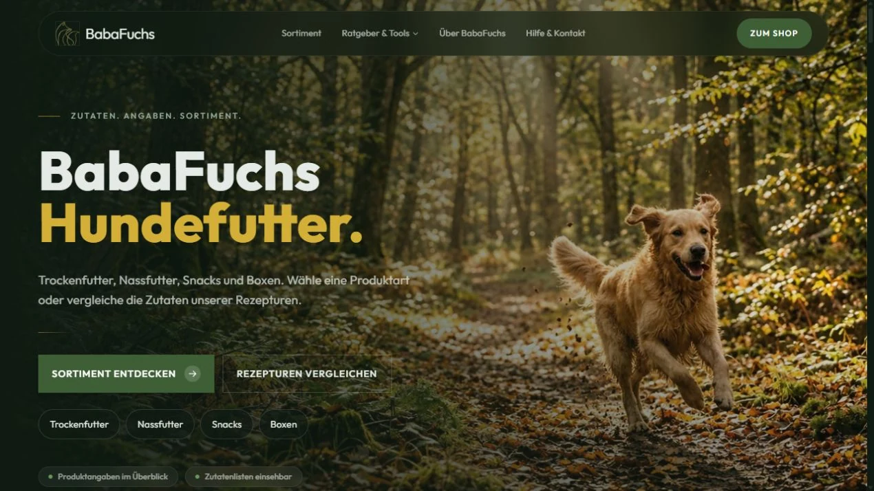 Aktuelle BabaFuchs-Markenwebsite mit großem Waldmotiv, Hund und eigenständiger grüner Gestaltung