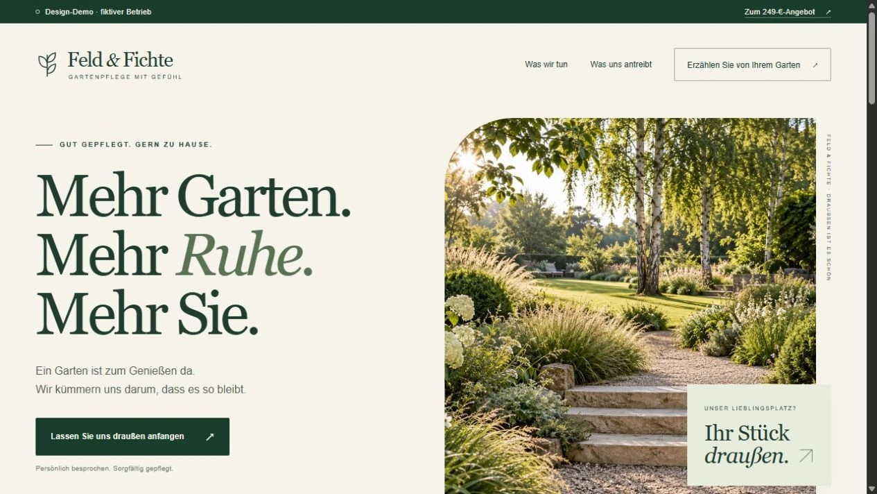 Design-Demo eines Gartenpflegebetriebs mit natürlicher Bildsprache und klarer Leistungsdarstellung
