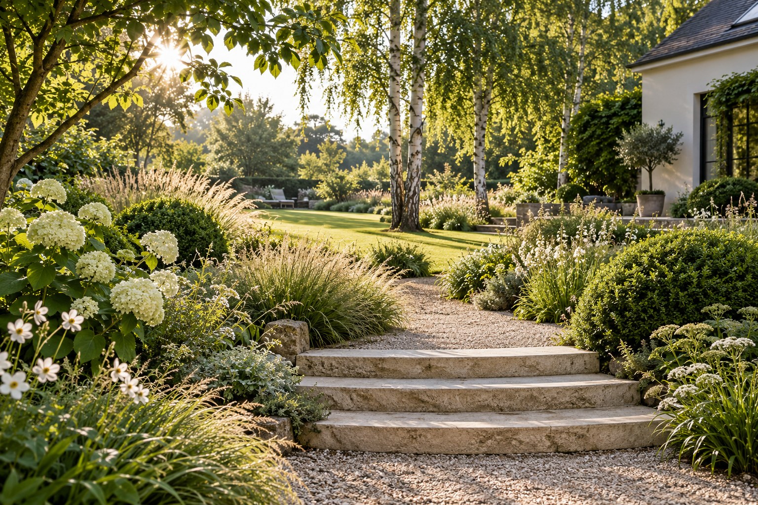 Ruhiger Garten mit geschwungenem Kiesweg, Natursteinstufen und üppiger grüner Bepflanzung