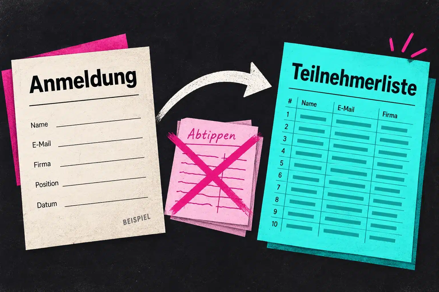 Beispielillustration: Eine Anmeldung fließt in eine Teilnehmerliste, ohne die Angaben erneut abzutippen.