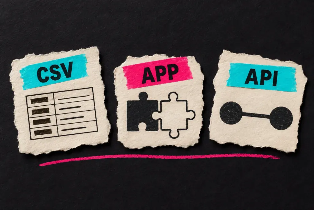 Illustration: CSV-Datei, App und API stehen als drei Wege zur Pflege von Produktdaten nebeneinander.