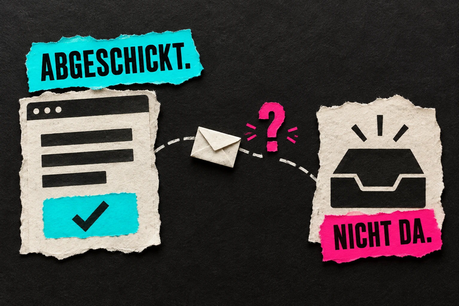 Papiercollage: Ein Formular bestätigt den Versand, doch im Posteingang fehlt die Nachricht.