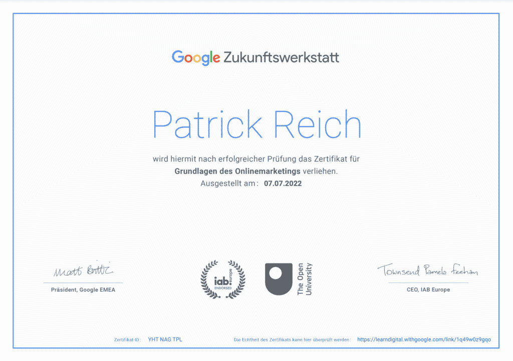 Google Onlinemarketing Zertifikat Patrick Reich