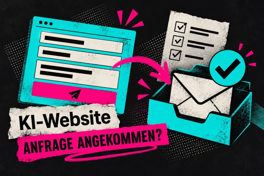 Collage eines Website-Kontaktformulars, dessen Anfrage als Briefumschlag im Posteingang ankommt.