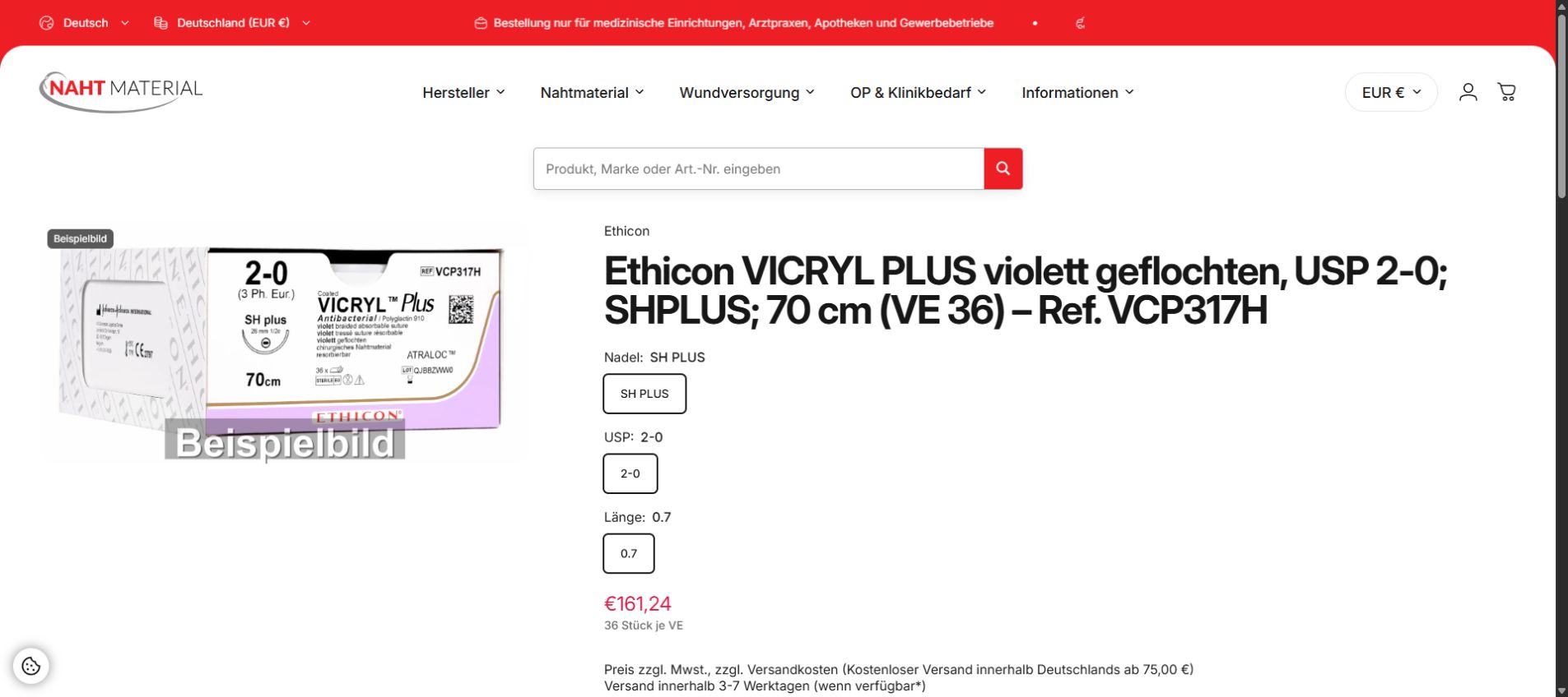 Detail der Produktseite von naht-material.de: verständlicher Produkttitel, Artikelnummer, Packungsgröße und Varianten