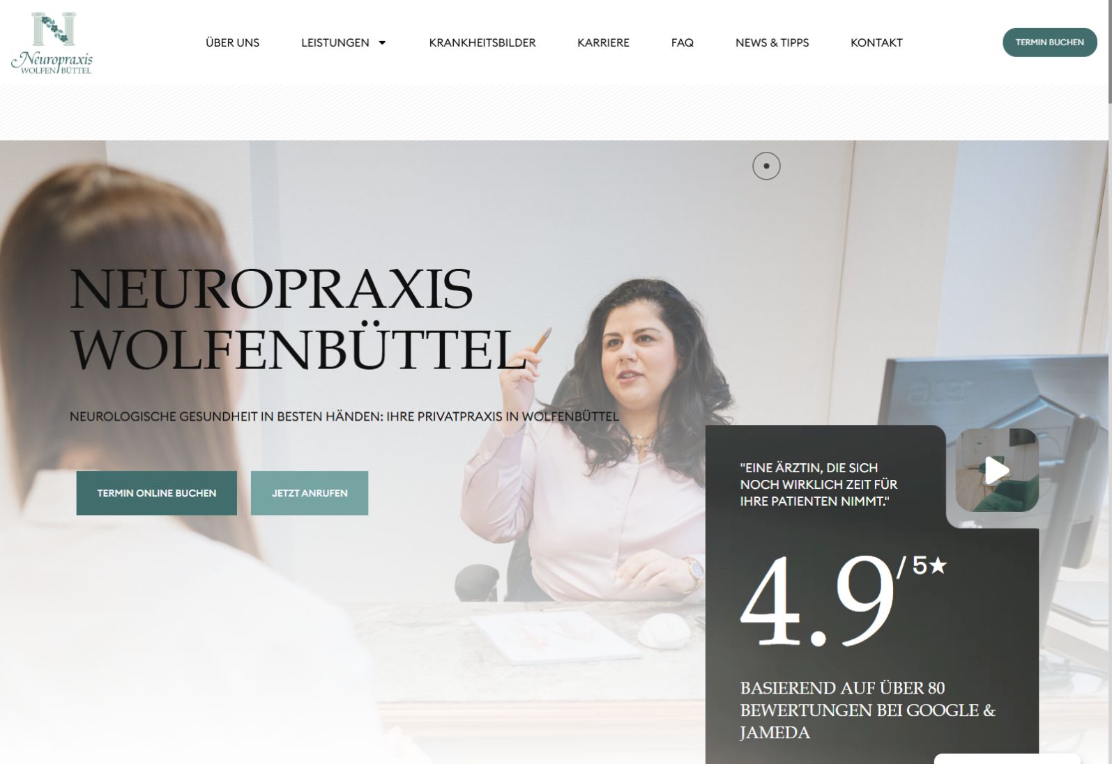 Website der Neuropraxis Wolfenbüttel mit Ärztin, Leistungsdarstellung und Kontaktwegen
