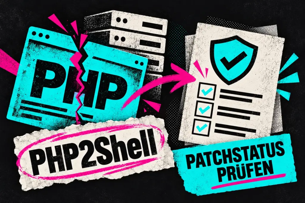 Collage zu PHP2Shell mit PHP-Browserfenster, Servern und einer Checkliste für den Patchstatus.