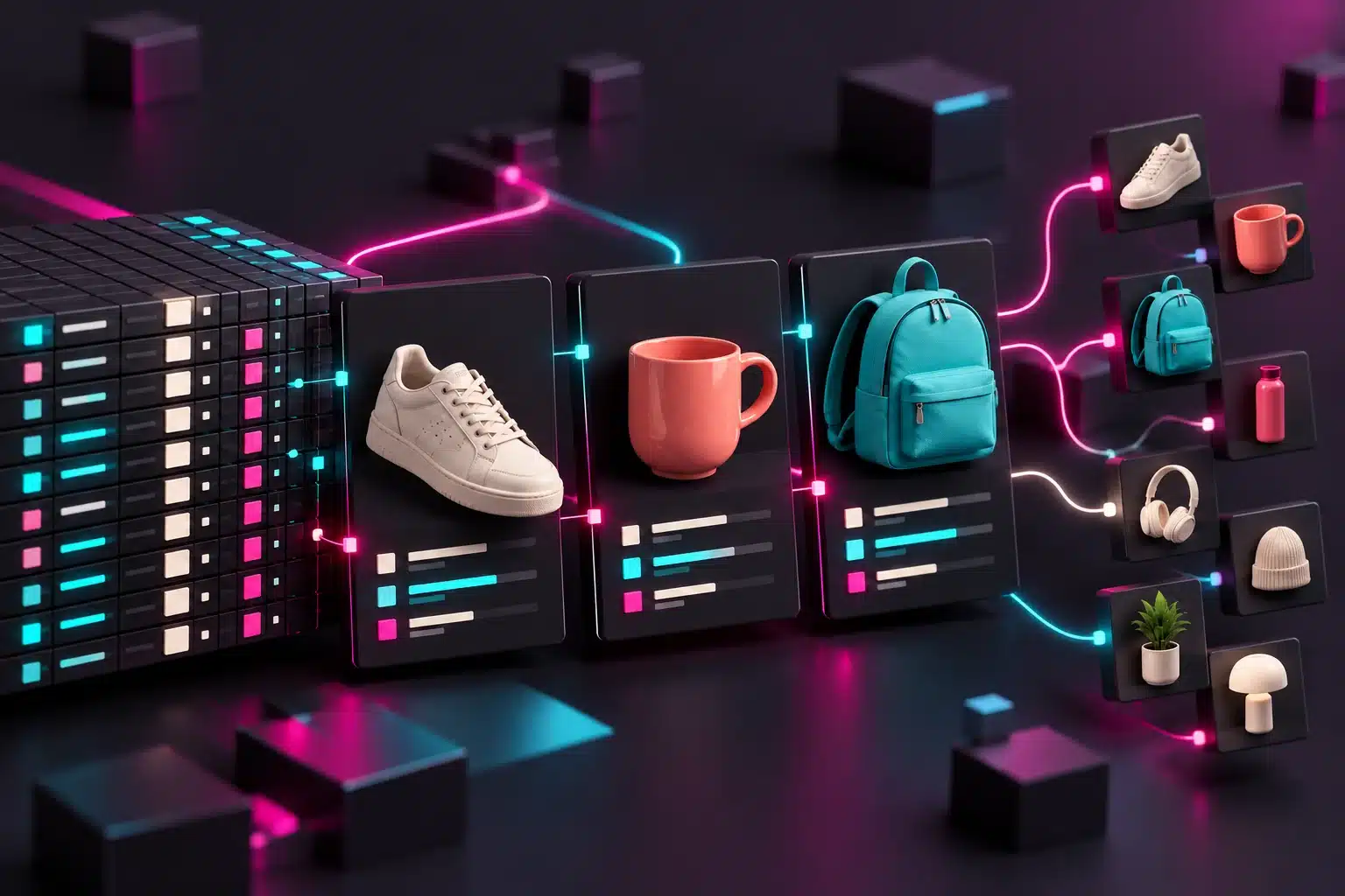 Illustration: Strukturierte Produktdaten führen zu Produktkarten mit Sneaker, Keramikbecher und Rucksack.