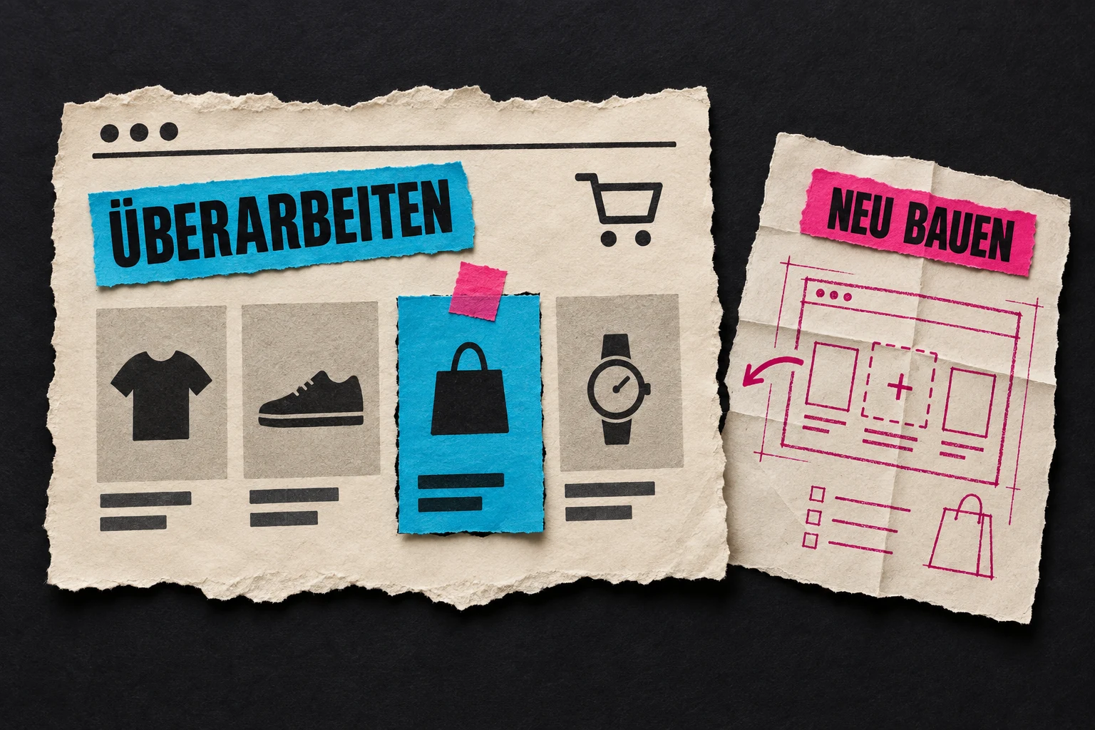 Illustration: Ein bestehender Shop wird gezielt überarbeitet; daneben liegt der Entwurf für einen Neubau.
