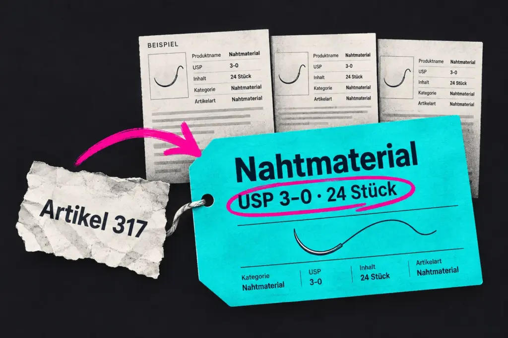 Beispiel: Aus Artikel 317 werden konkrete Produktangaben mit Nahtmaterial, Fadenstärke und Packungsgröße.