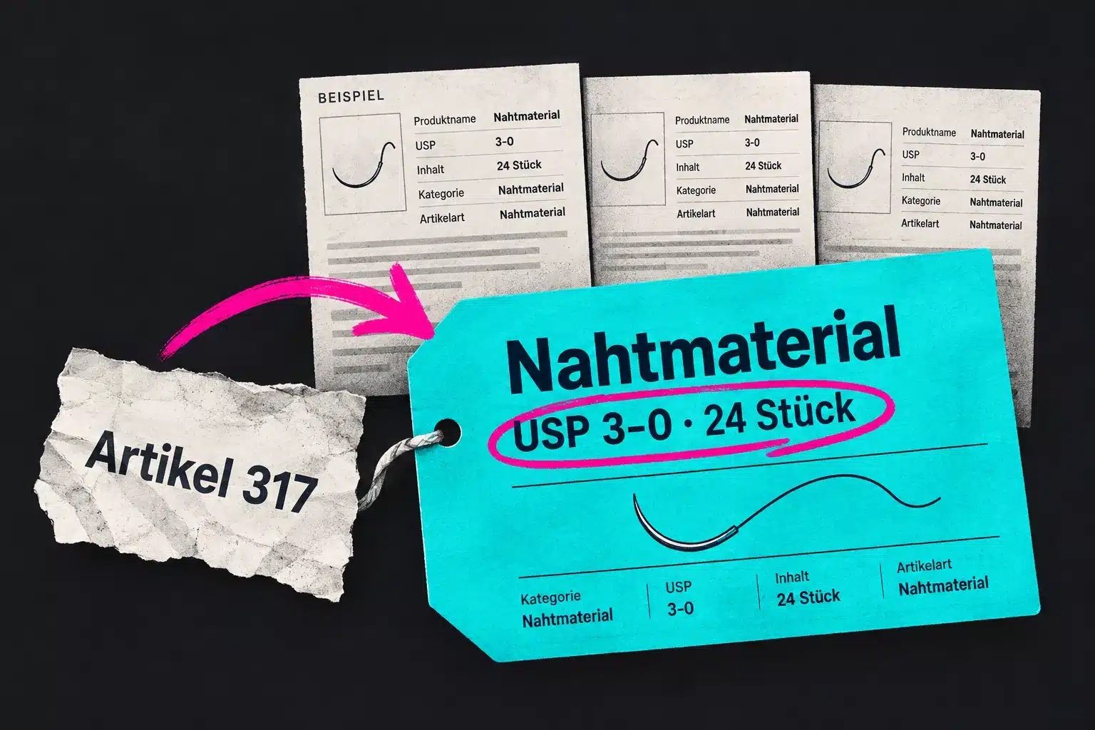Beispiel: Aus Artikel 317 werden konkrete Produktangaben mit Nahtmaterial, Fadenstärke und Packungsgröße.